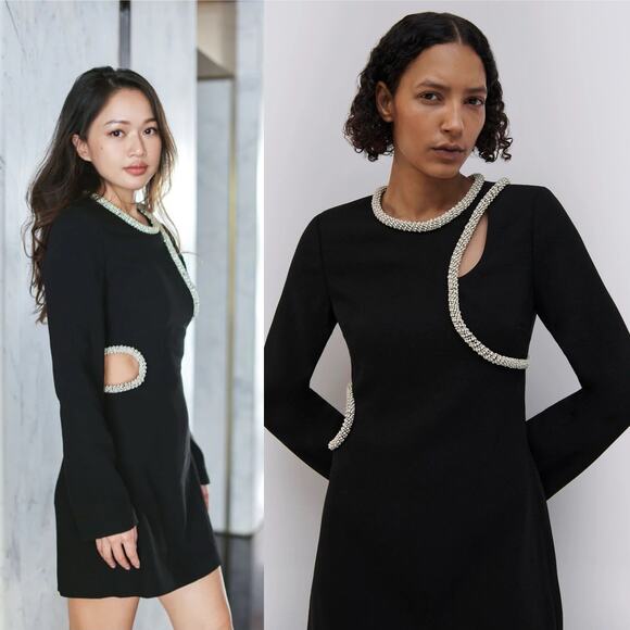 Jonathan Simkhai Black Katharine Diamante Cut Out Long Sleeve Mini Dress size 6 - Picture 2 of 10